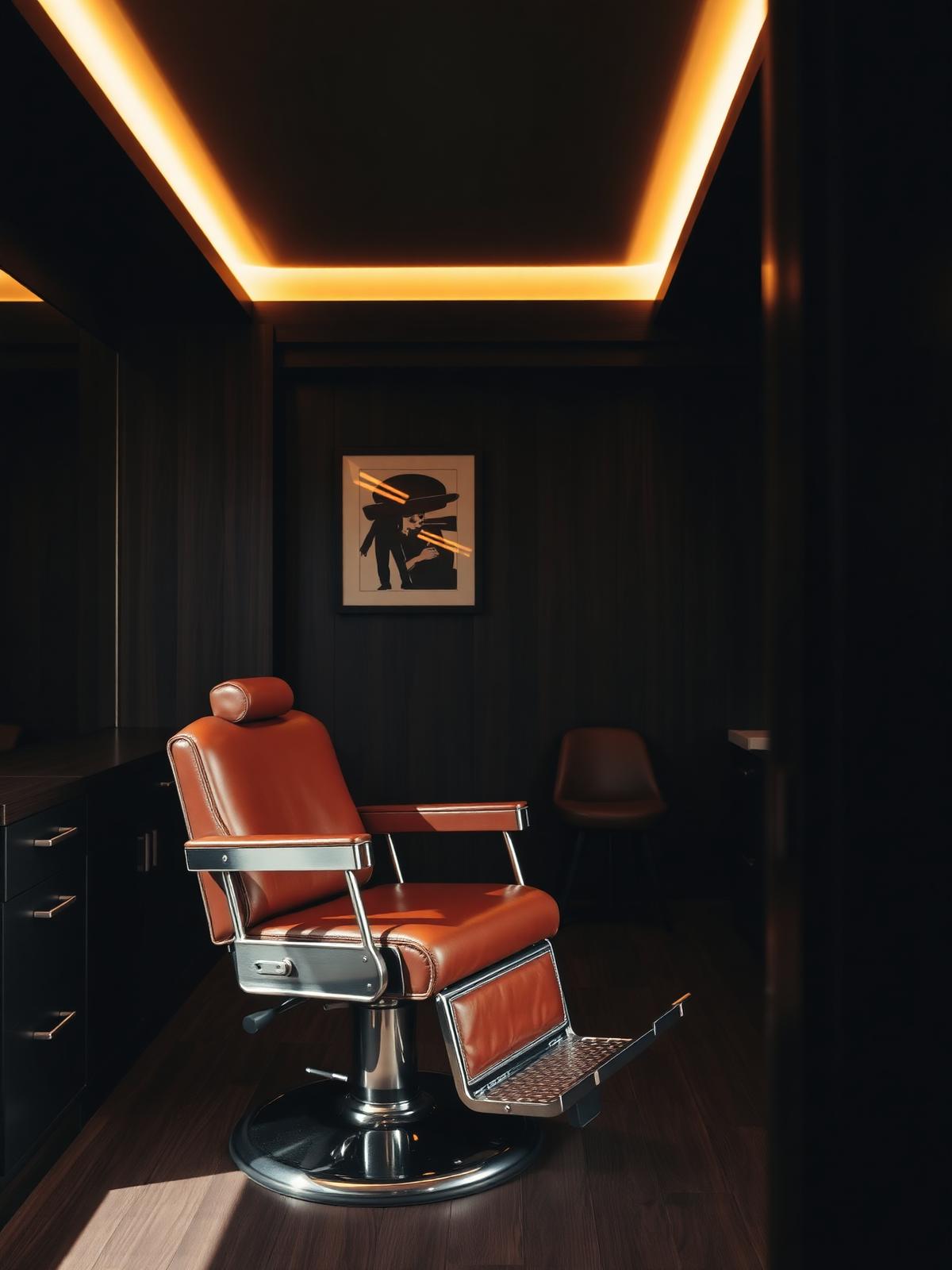The interior of Benny's studio: a single vintage leather chair in a wood-paneled room